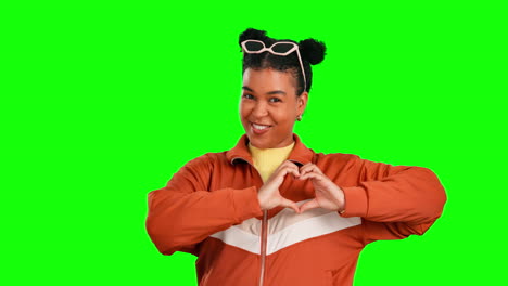 Green-screen-face,-happy-and-woman-with-heart-sign