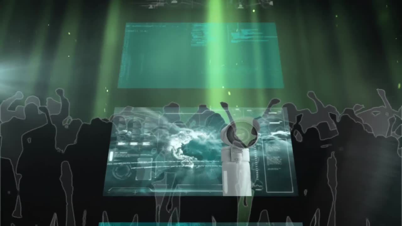 다양한 데이터를 가진 스크린 위에서 춤을 추는 사람들의 애니메이션입니다.