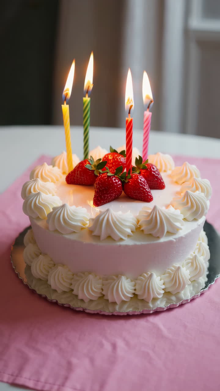 Birthday Cake with Lit Candles and Strawberries