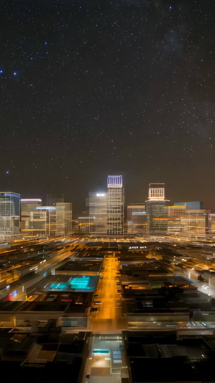 Vertical video: Zooming camera reducing blur, revealing city skyline and starry sky in rooftop view