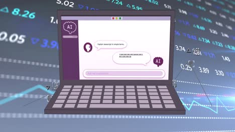 animación de procesamiento de datos ai, chat, estadísticas e iconos en la pantalla del portátil