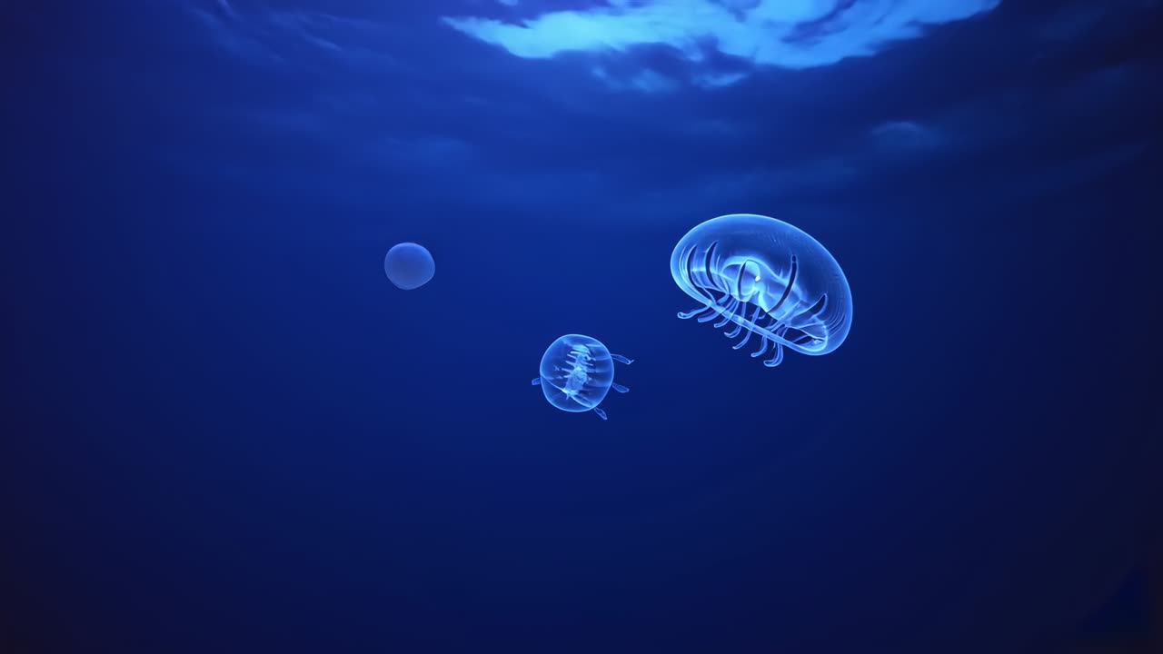 光に反応して外洋を漂う、半透明の2匹の脈打つクラゲ、コピースペース。