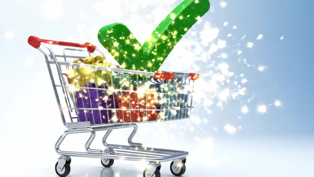 Winkelwagen met kleurrijke cadeaus en een groen vinkje dat succes in het voltooien van de aankoop en tevredenheid over de winkelervaring symboliseert.