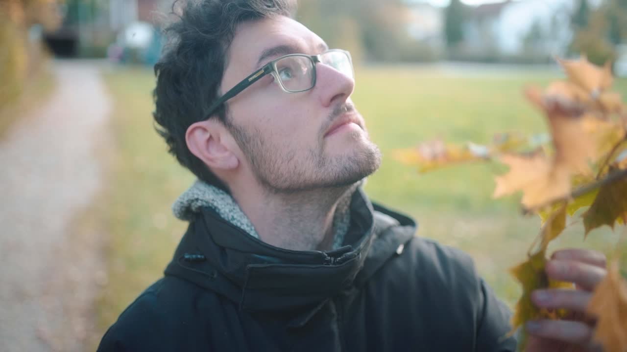 Slow motion capture of young European male examining autumn leaves on trees, realizing winter's chill is near