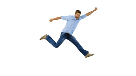 man jumping and gesturing on white background