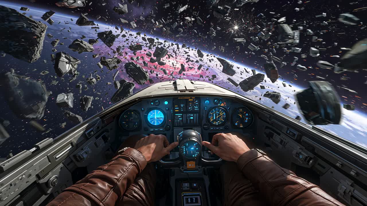 Responding to glowing panel, pilot's hands in brown jacket steering yoke through dense debris field