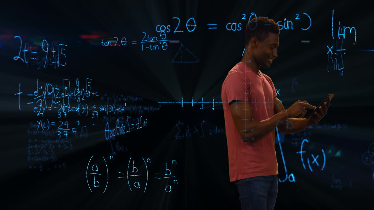 Man on phone smilling over mathematical equations.