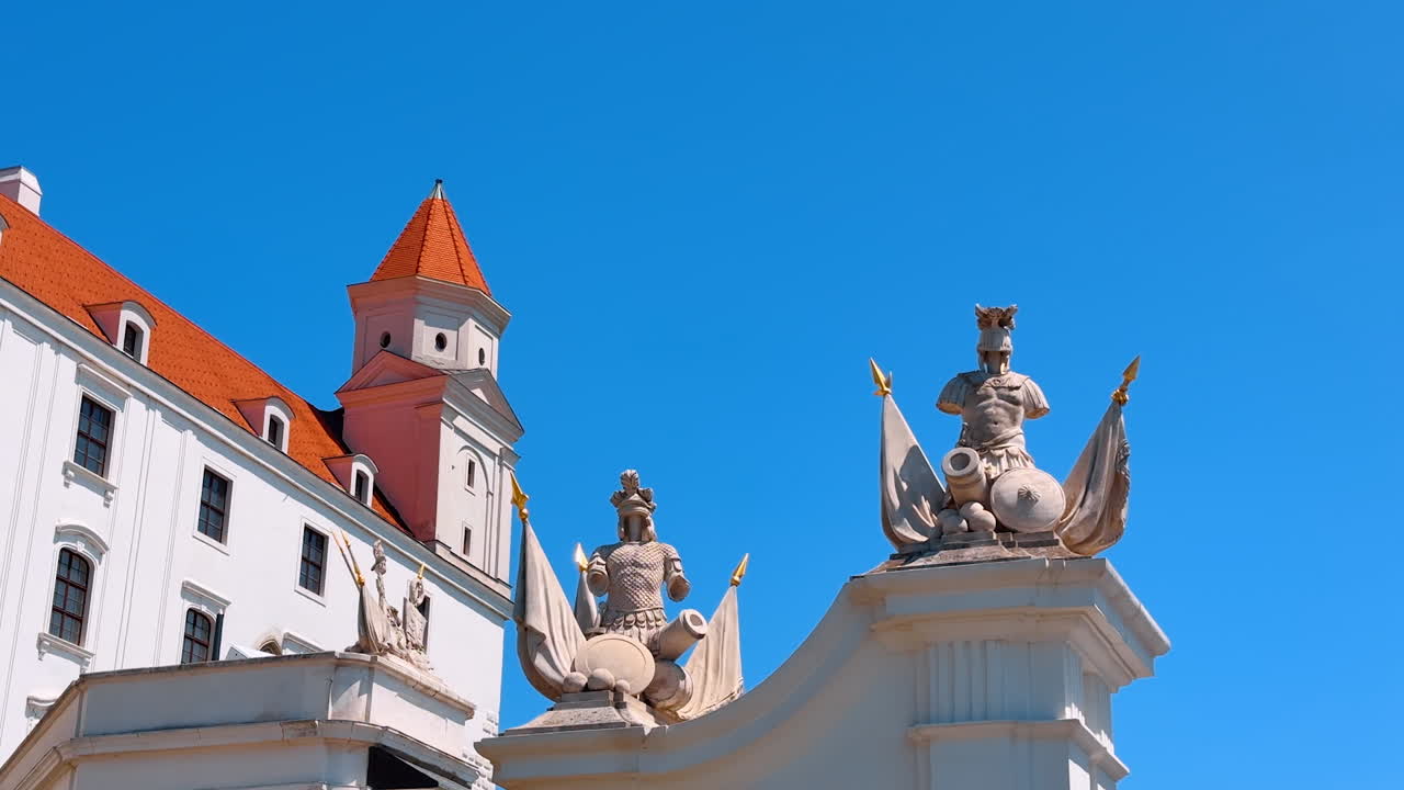Architectural decorative elements of Bratislava Castle in Slovakia. Medieval building at the backdrop of blue clear sky