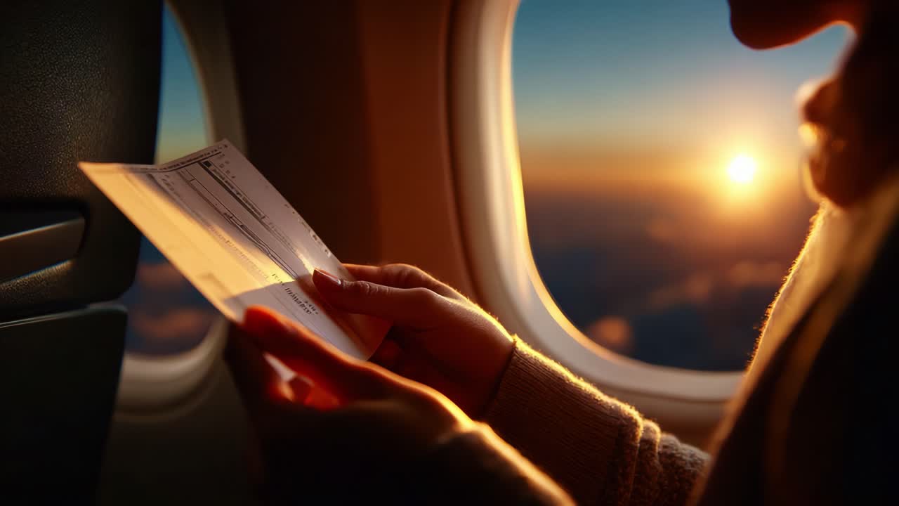 Capturing a Serene Moment of Reflection While Traveling: A Passenger Holds a Boarding Pass by the Window as the Sun Rises on the Horizon, Providing an Inspirational Start to Their Journey Above the Clouds