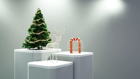 christmas tree, illuminated reindeer, and wrapped gift on white background