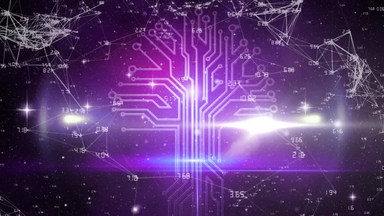 Animation of circuit board elements and network of connections over purple background