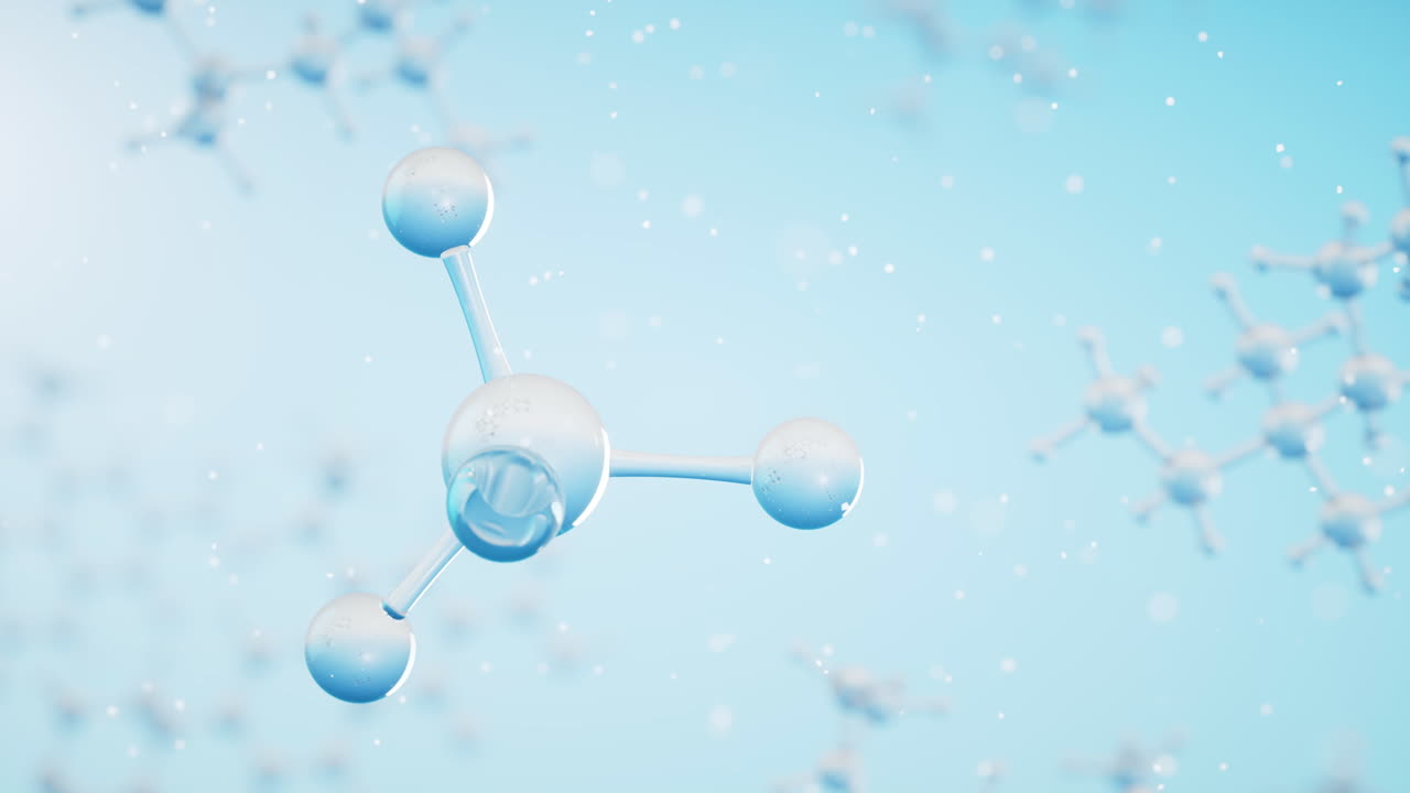 파란색 배경의 화학 분자, 3d 렌더링