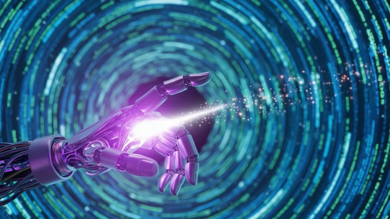 A Futuristic Robotic Hand Journeying Through a Digital Vortex, Manipulating Light and Energy in a World of Technology and Imagination