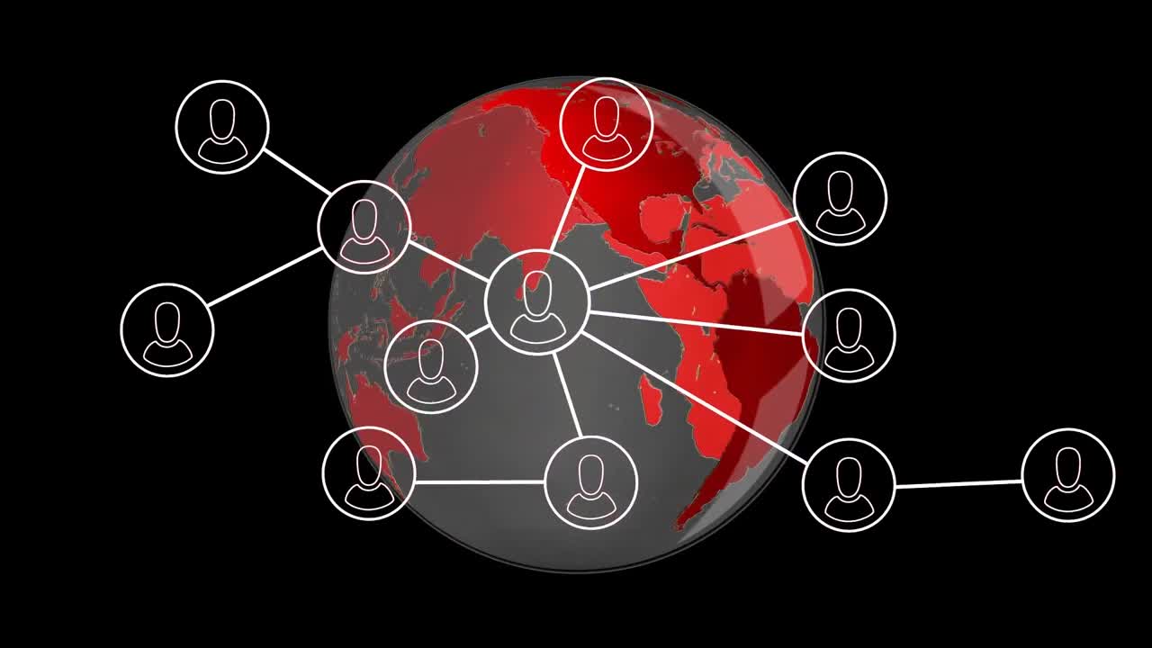 Animation of network of connections with people icons over globe