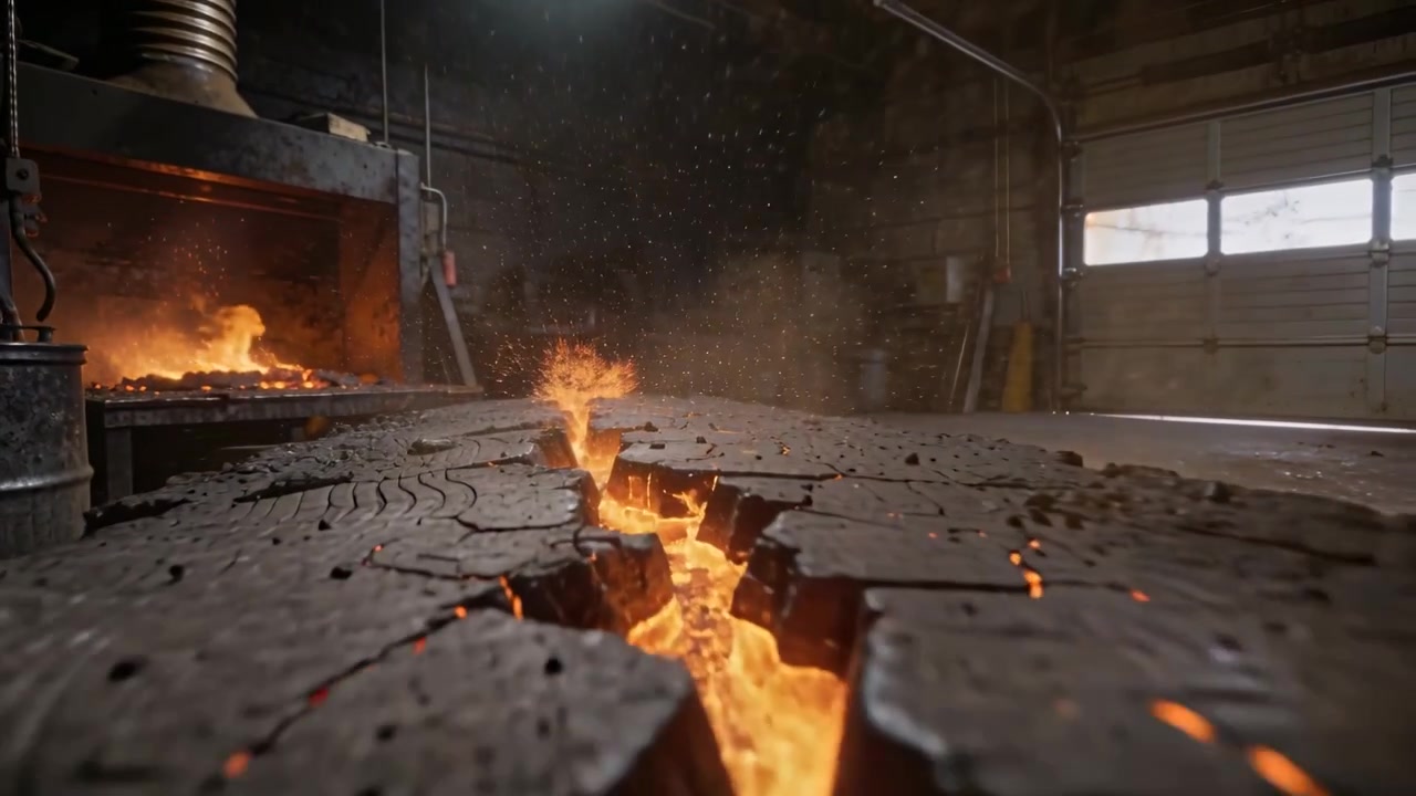 Glowing large charred log developing wider molten fissure in workshop, furnace feeding heat