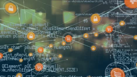 Animation-Eines-Netzwerks-Digitaler-Symbole-Und-Datenverarbeitung-Vor-Quadratischen-Formen-Auf-Grauem-Hintergrund