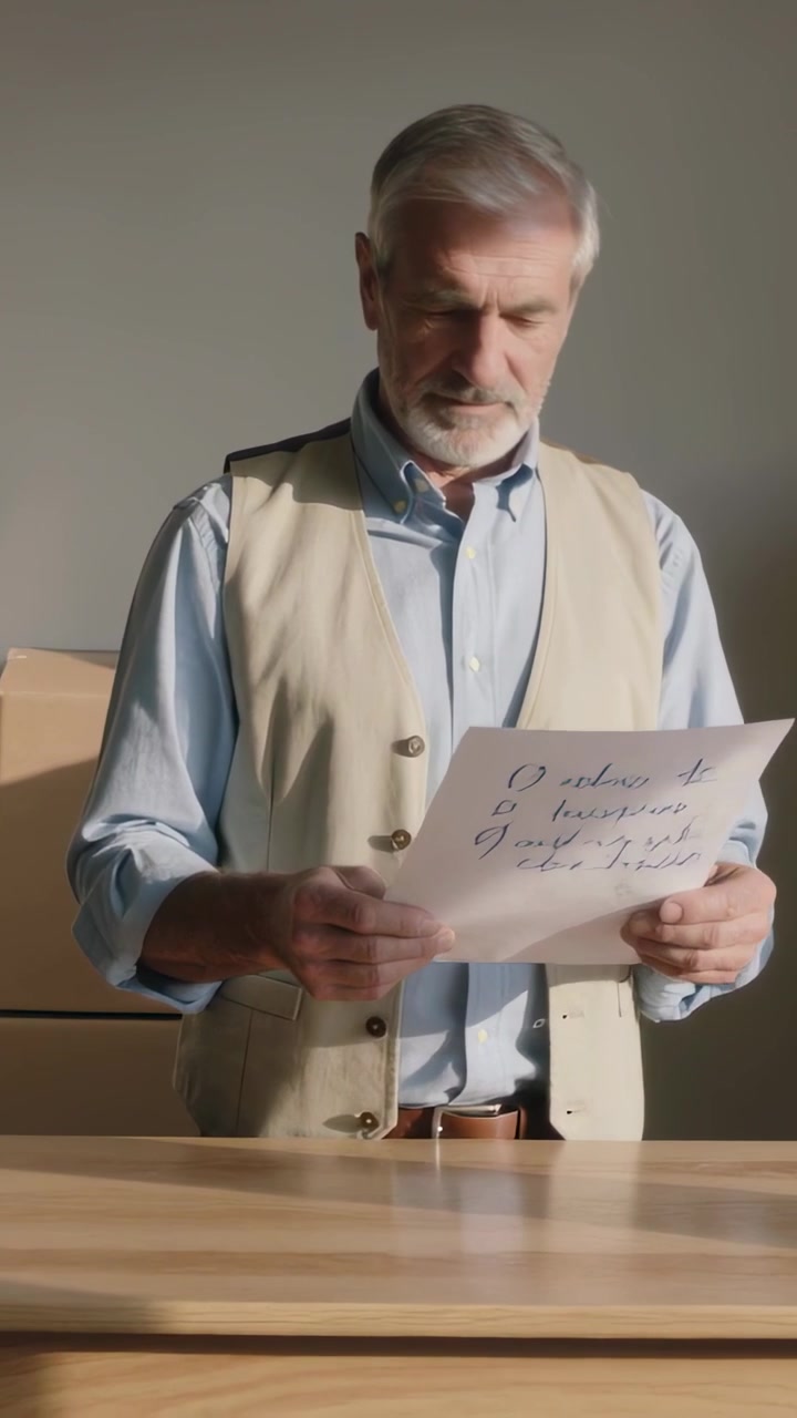 Video verticale: Lettura di un appunto scritto a mano, anziano in gilet che controlla una lista al bancone, che prende delle scatole.