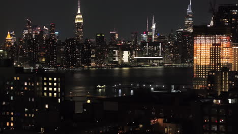 aerial view of greenpoint, brooklyn at night. shot in 4k in new york city.