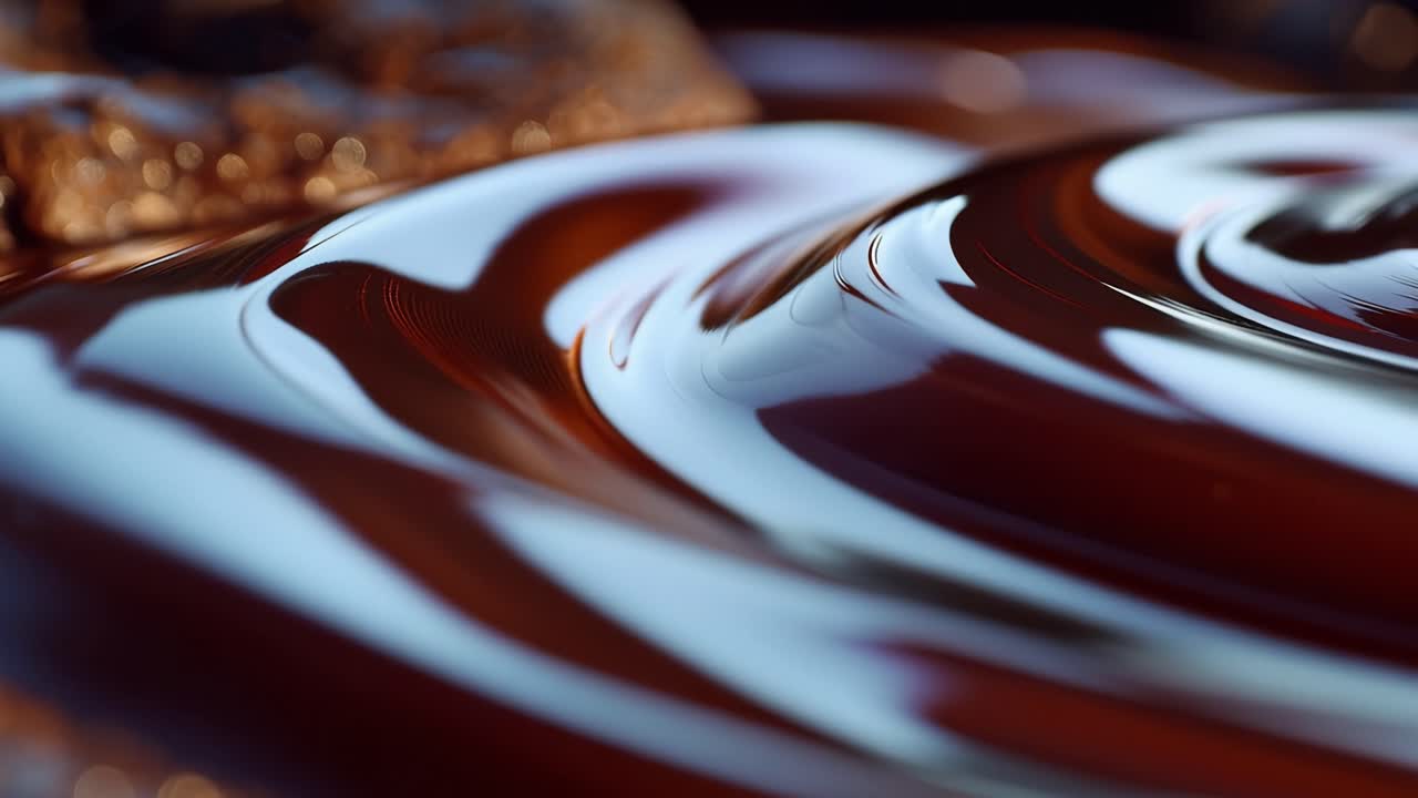 Flusso di Cioccolato Deliziosamente Liscio: Uno Sguardo Ravvicinato al Cioccolato Ricco e Lucido che si Scioglie per la Cottura o i Dessert, Catturando la Consistenza e il Colore Lussuosi