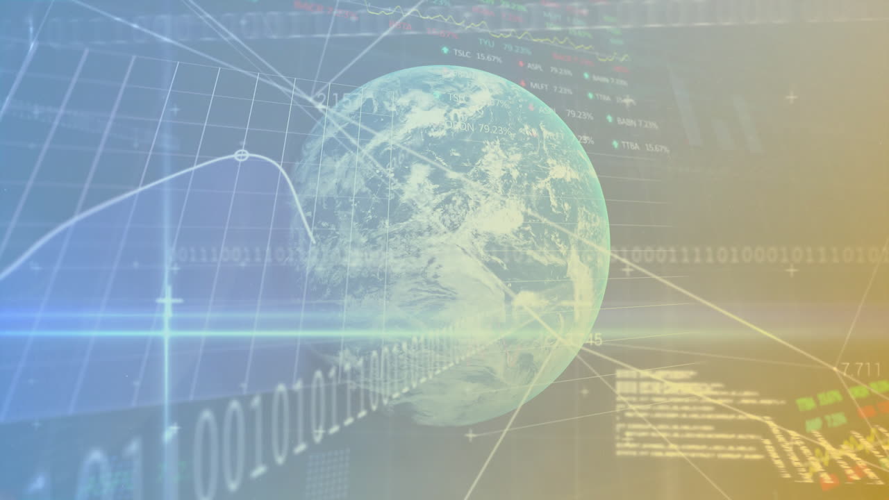 Global data analysis represented by globe with binary code and animation graphs