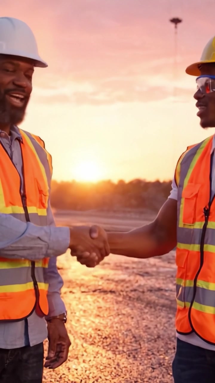 Two Construction Workers Celebrating a Successful Project Completion Against a Beautiful Sunset Background, Highlighting Teamwork and Professionalism in the Industry
