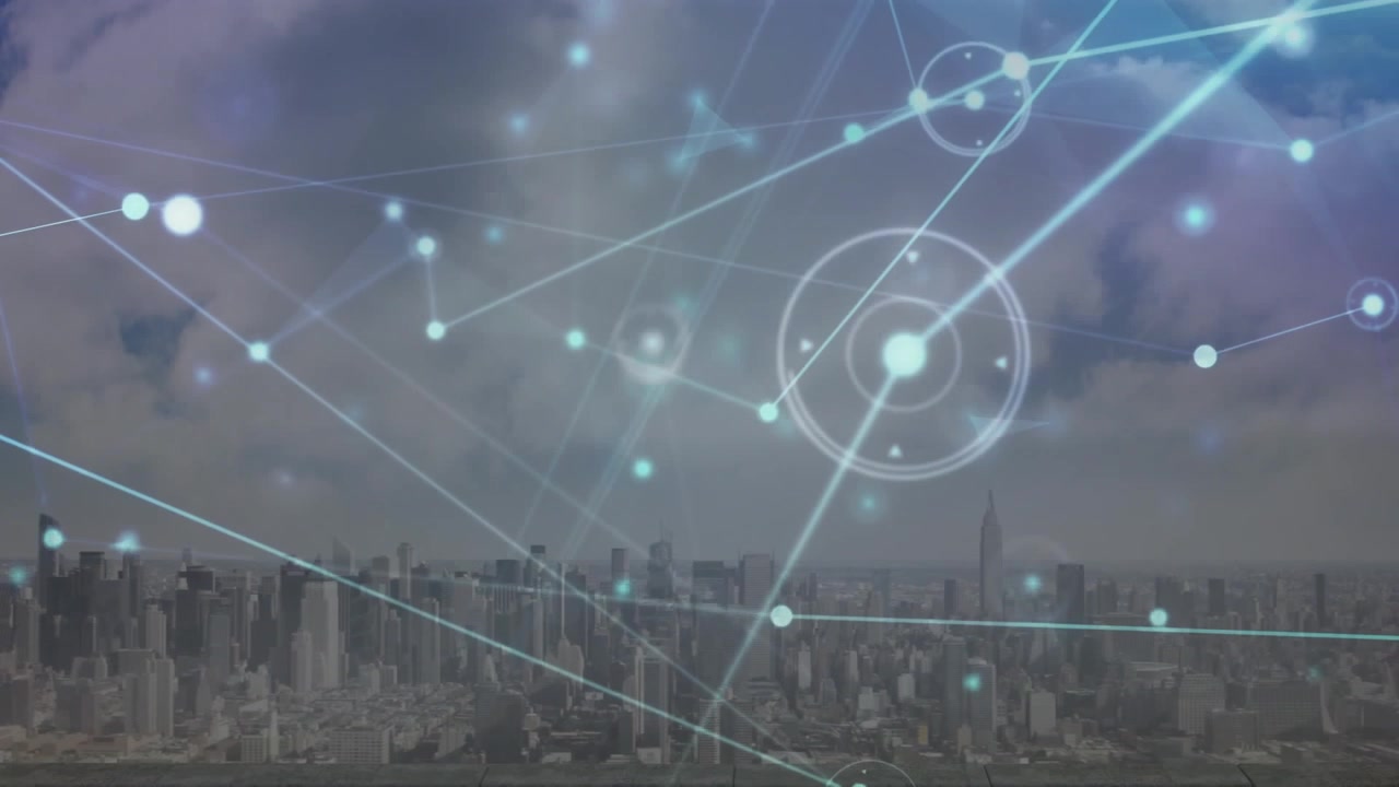 Animazione di rete di connessioni su paesaggio urbano