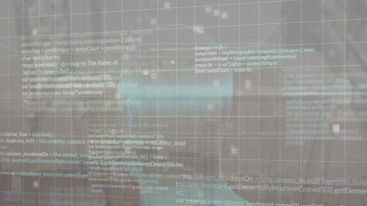 Animation af databehandling over en roterende model af et menneskehoved mod et luftfoto af et bybillede