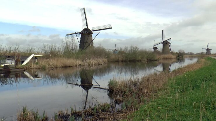 Mulini a vento olandesi a Kinderdijk che si riflettono nell'acqua.