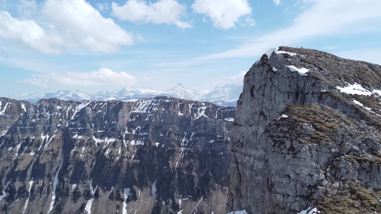 Drone view among of the famous rock wall of the Rothorn in the Swiss alps