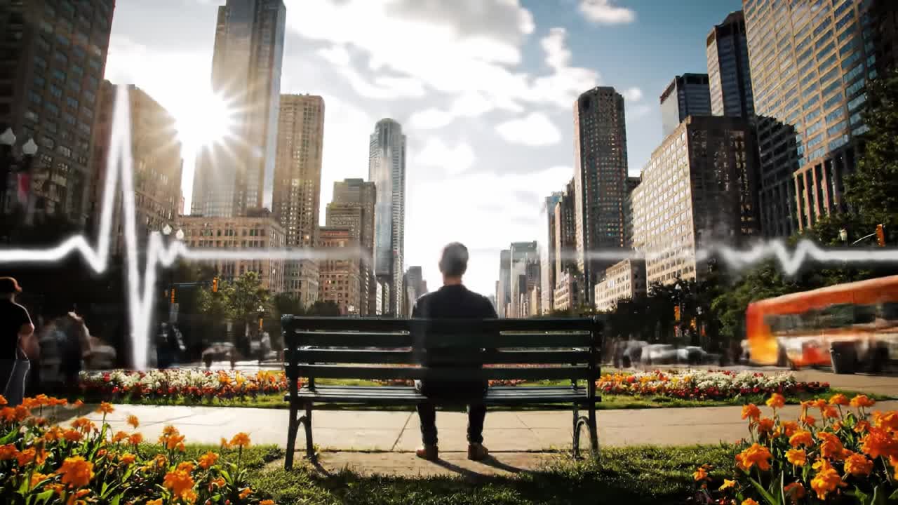 A person sits on a bench surrounded by colorful flowers, overlooking a bustling city skyline at sunset. The contrast between nature and urban life symbolizes peace amidst chaos.