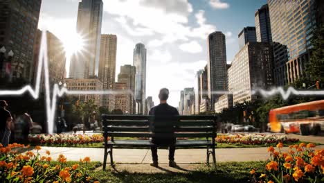 a person sits on a bench surrounded by colorful flowers, overlooking a bustling city skyline at sunset. the contrast between nature and urban life symbolizes peace amidst chaos.