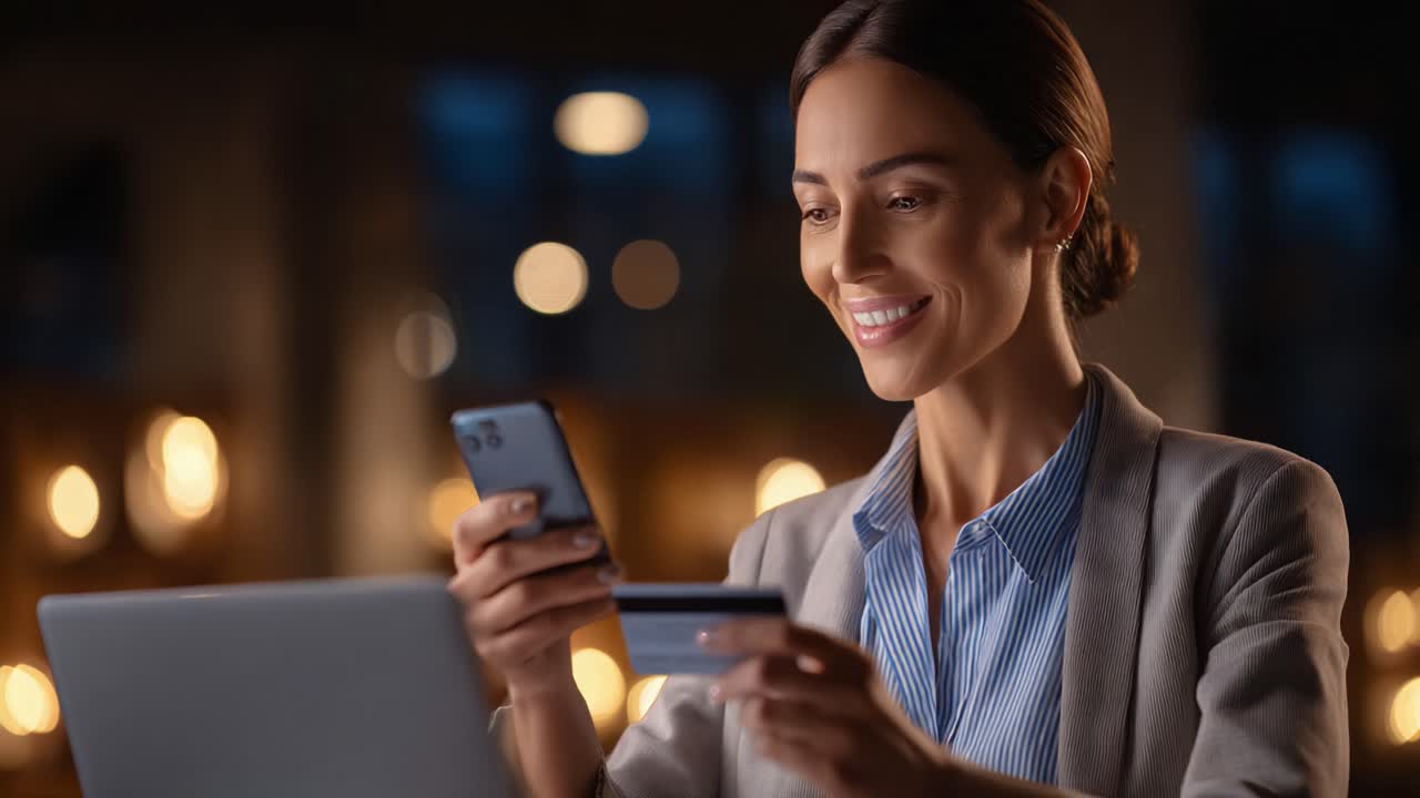 A Confident Young Professional Handling Online Transactions with a Smartphone and Credit Card Under Soft Ambient Lighting in a Cozy Setting