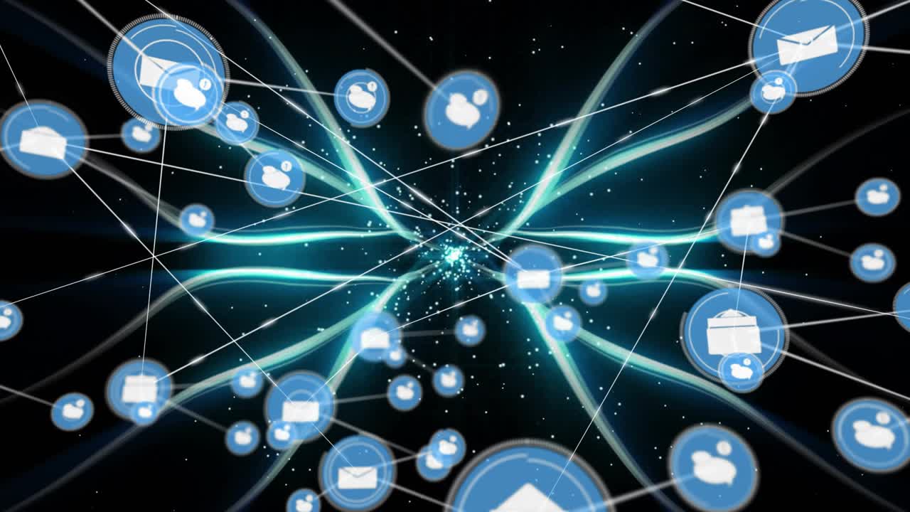 Central envelope hub sending icons along ribbons on pulse, drawing lines to show network connection