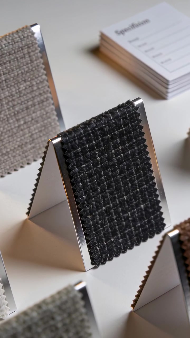 Vertical video: Shifting camera moving black woven swatch on metal stand in studio showing texture