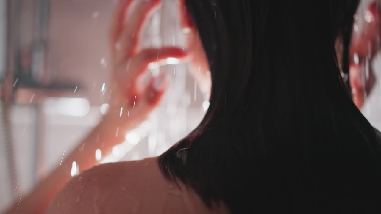 여성은 집 샤워에서 머리카락을 조심스럽게 습니다. 젊은 여성은 은 머리카락으로 두피를 긴장을 풀고 현대적인 욕실에서 신체 관리 루틴에서 즐거움을 얻습니다.