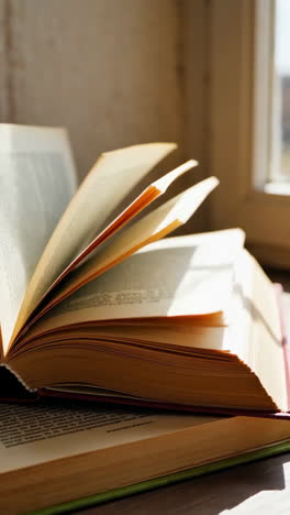 open book pages bathed in natural light from a window
