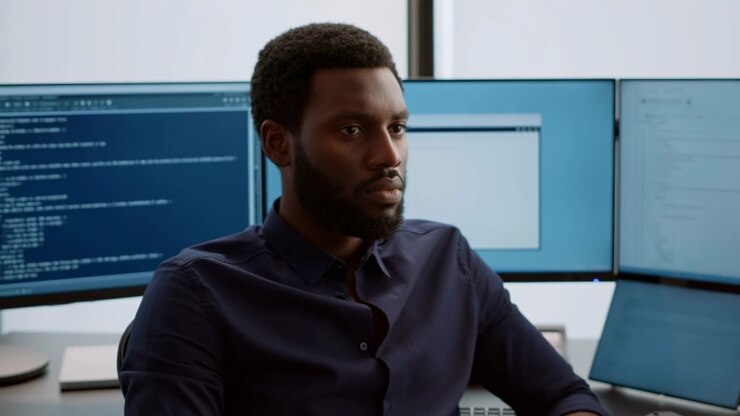 Seated man in navy shirt maintains steady gaze while widening view reveals desk equipment and rows of text on monitors, with soft window light behind him and one forearm resting on chair.