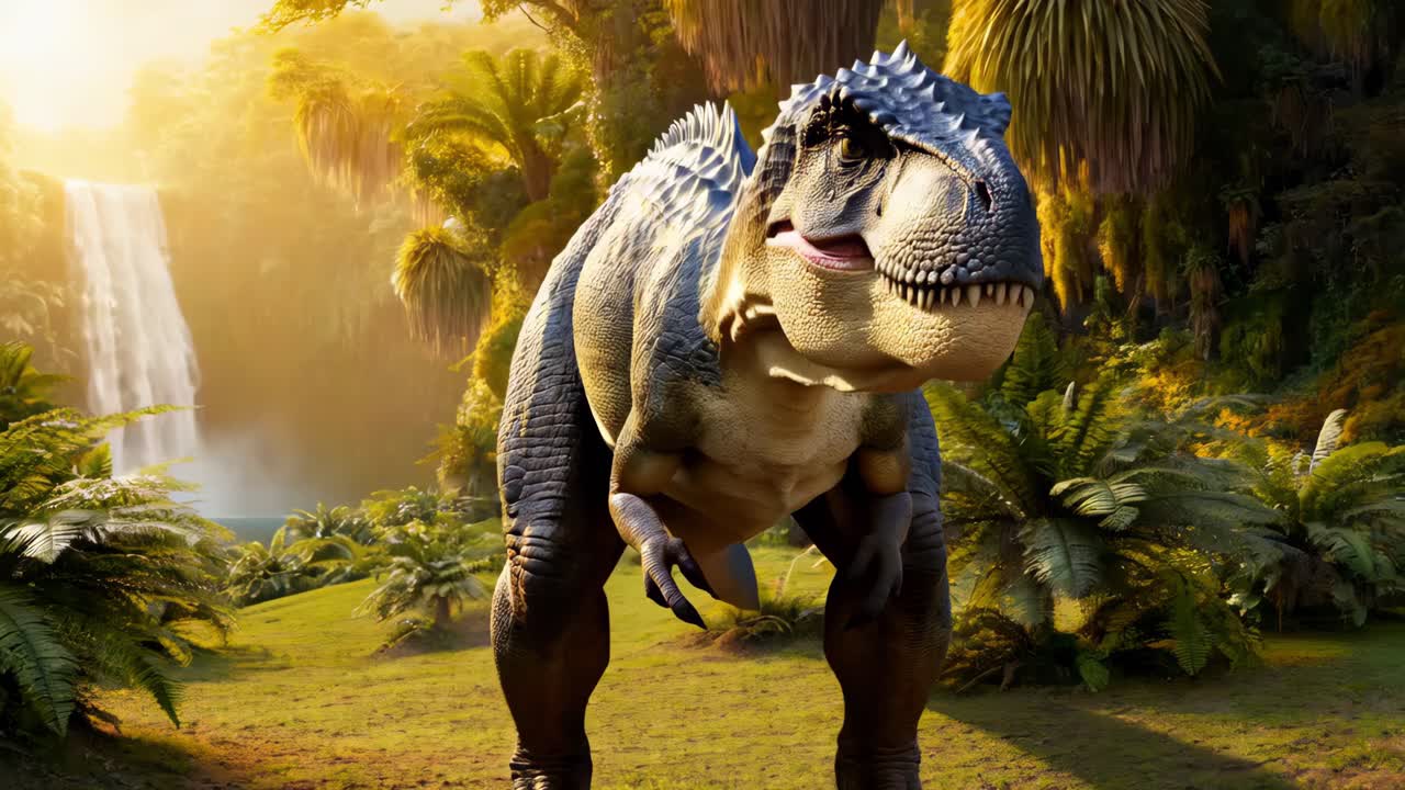 tyrannosaurus rex en una escena de cascada en la exuberante jungla