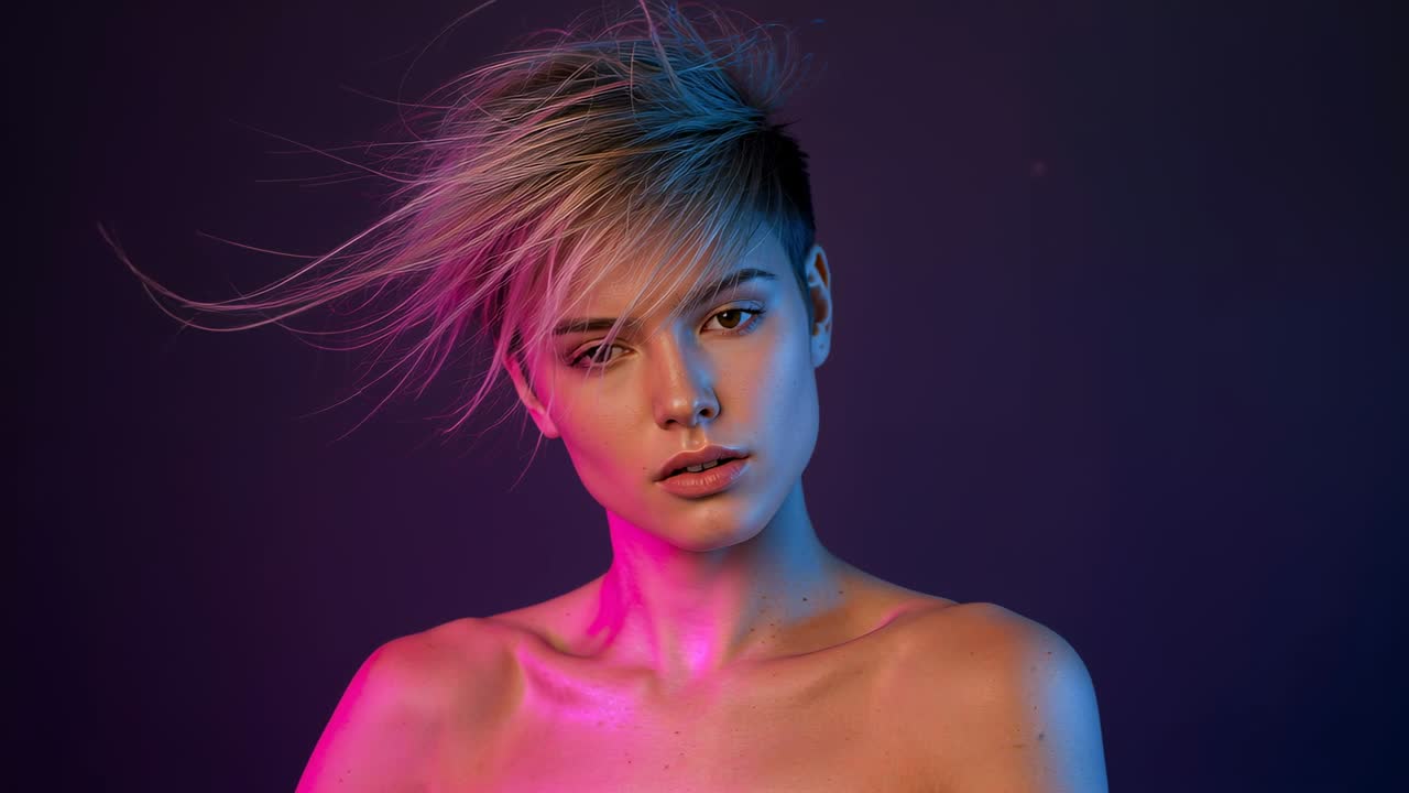 Una ventola si accende, modella biondo platino inclina la testa lasciando fluire i capelli mentre posa con luci blu e magenta.