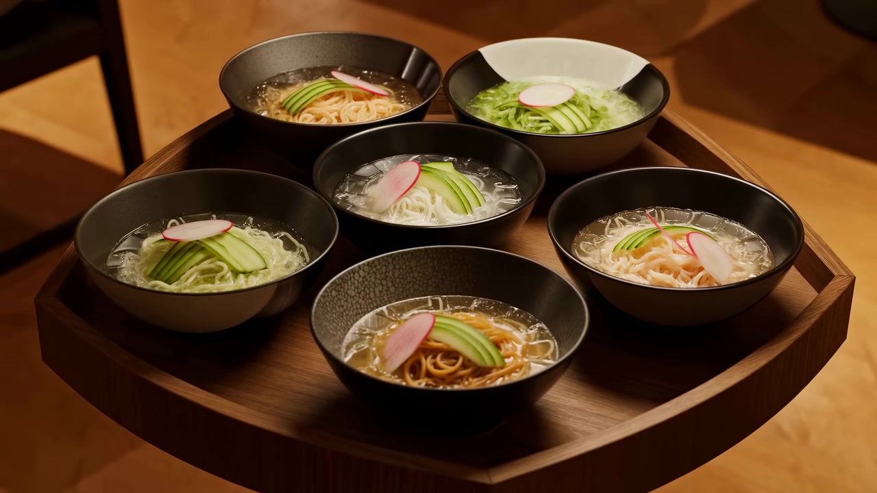 Vista dall'alto a tre quarti mostra sei ciotole in ceramica nero opaco su un vassoio rotondo di legno, ognuna riempita con brodo chiaro freddo, cubetti di ghiaccio, noodles pallidi e guarnizione fresca per una presentazione culinaria elegante.