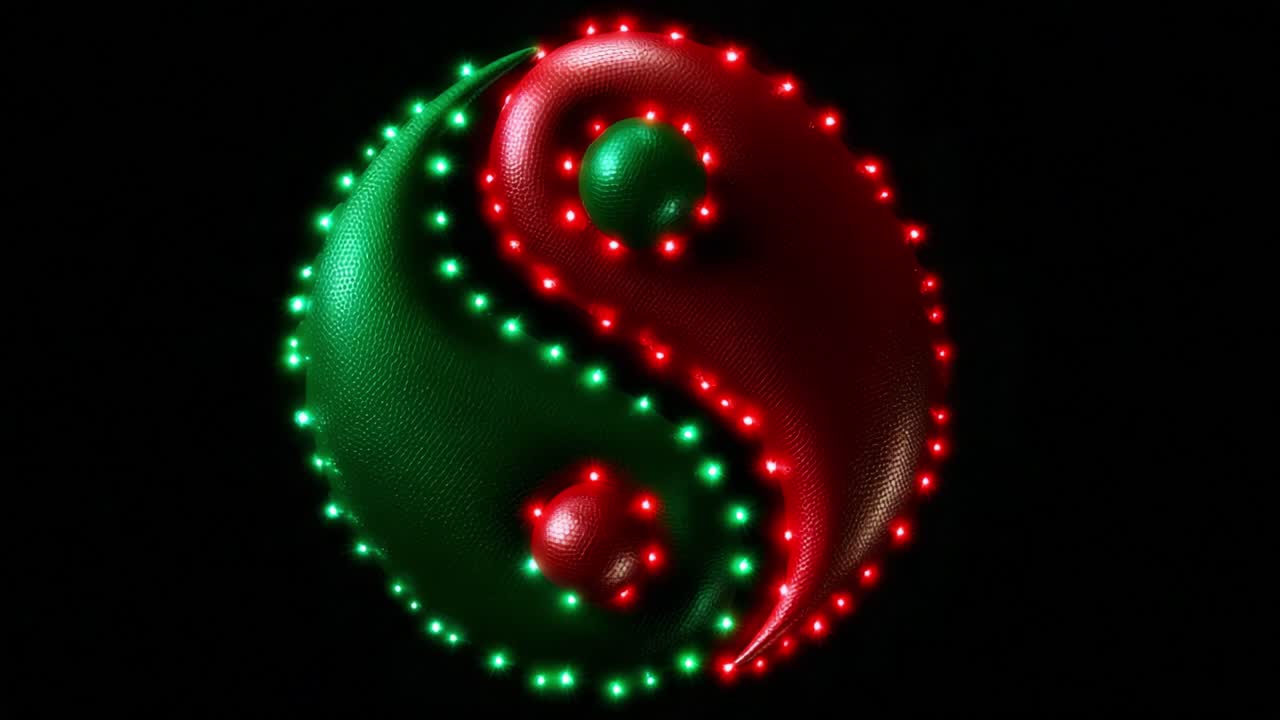 Illuminated Yin-Yang Symbol with Red and Green LED Lights, Creating a Striking Visual Contrast Against a Dark Background, Representing Harmony, Balance, and Duality in a Captivating Display
