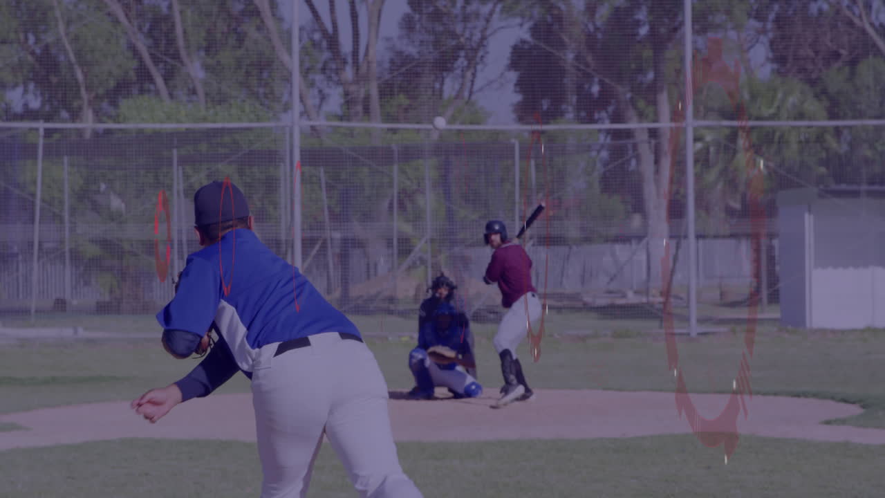Pitcher throwing curveball on community sports baseball field, with animated stats and motion lines