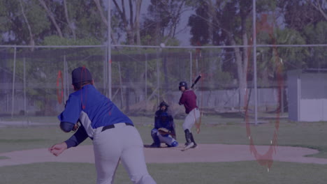 pitcher throwing curveball on community sports baseball field, with animated stats and motion lines