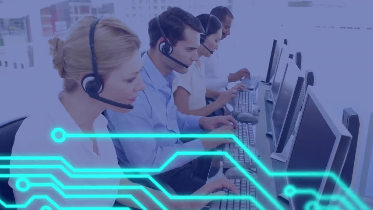 Animation of processor circuit board over business people using phone headsets