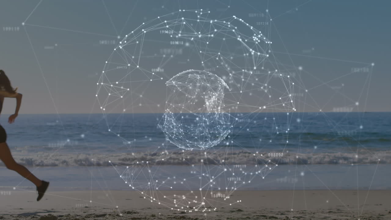 анимация сетей связей с миром над кавказской женщиной, бегущей по пляжу