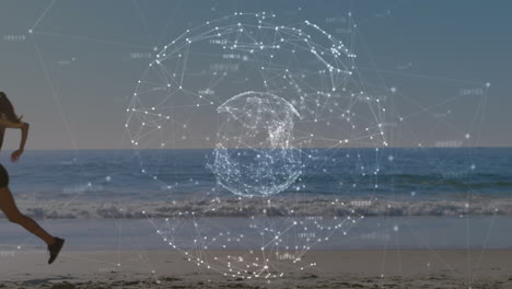 animación de redes de conexiones con el mundo sobre la mujer caucásica corriendo en la playa