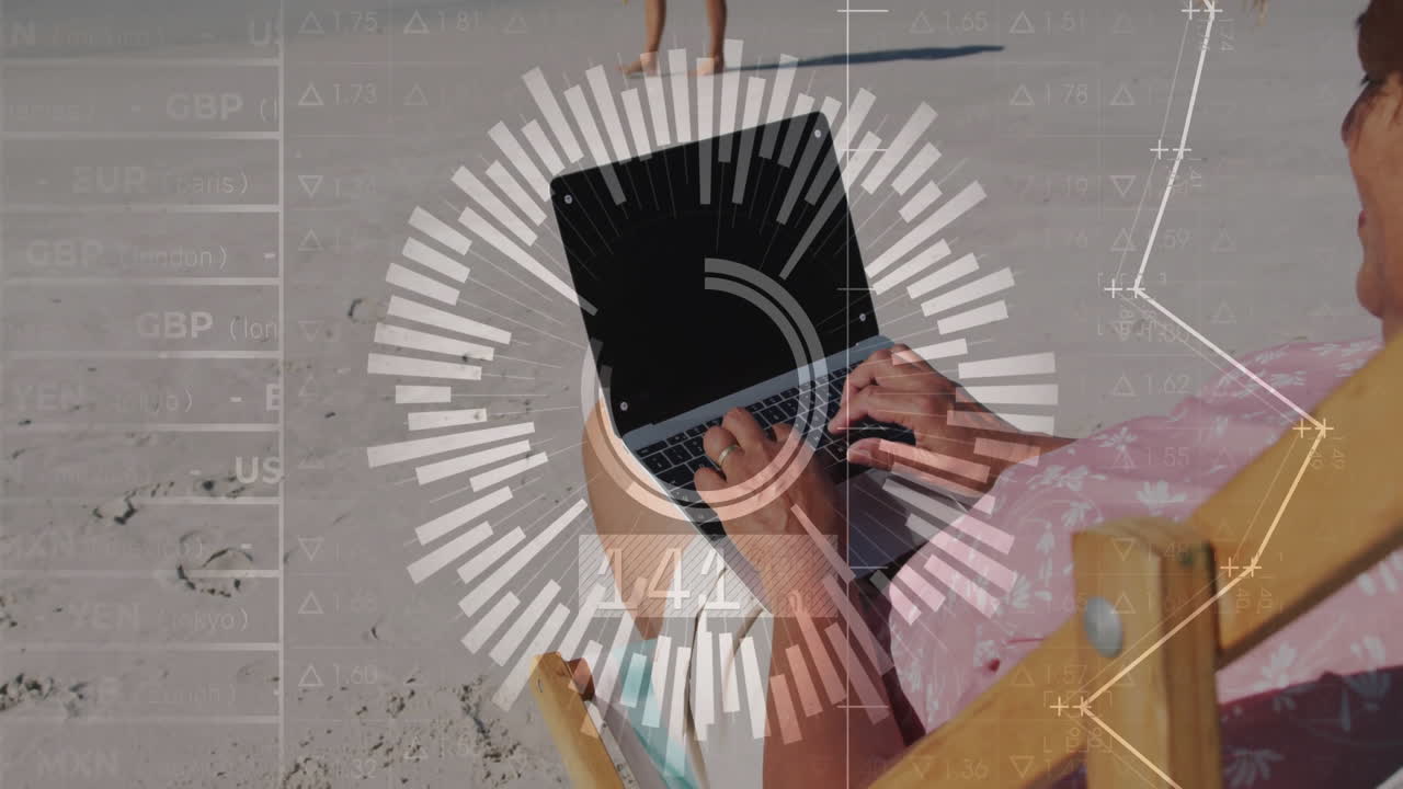 Person using laptop on beach with data processing animation overlay