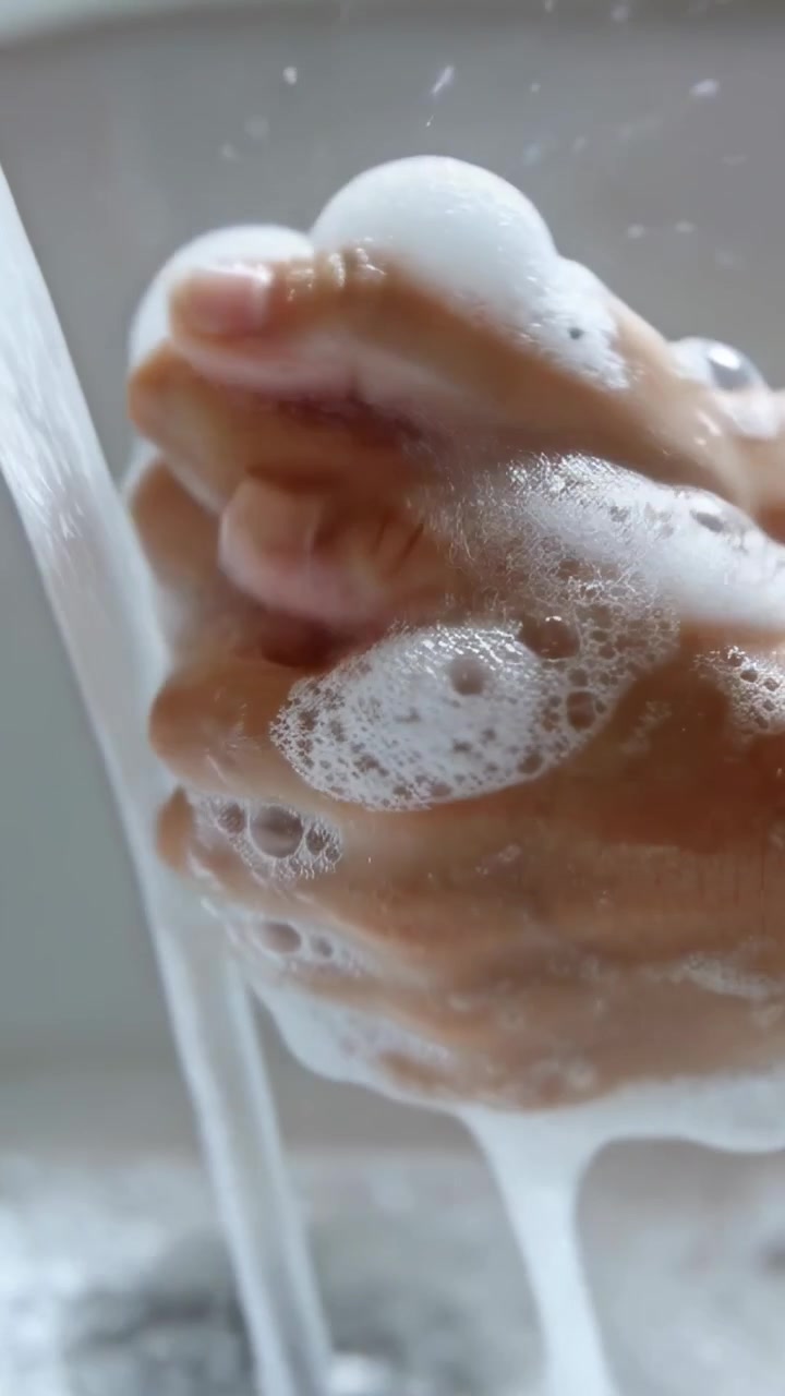 Video verticale: Lavaggio di mani adulte che sfregano i palmi e incrociano le dita al lavandino mentre l'acqua sciacqua la schiuma.
