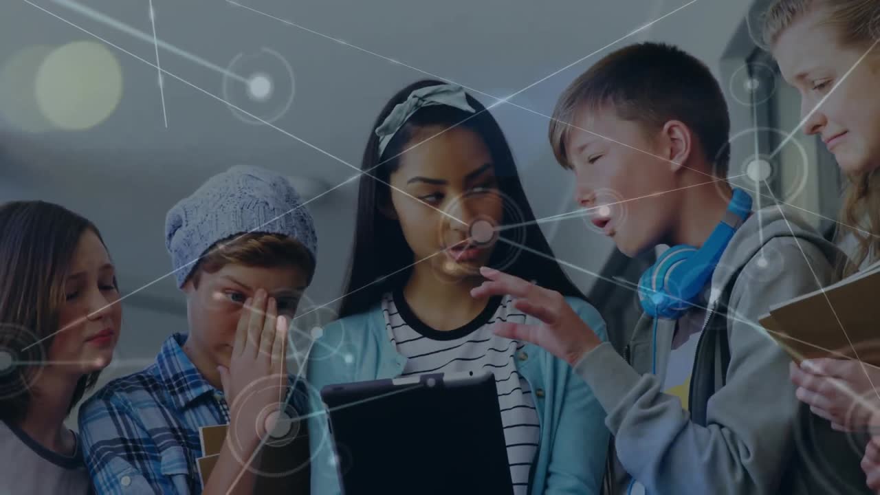 Animation of network of connections over diverse girls and boys using tablet at school