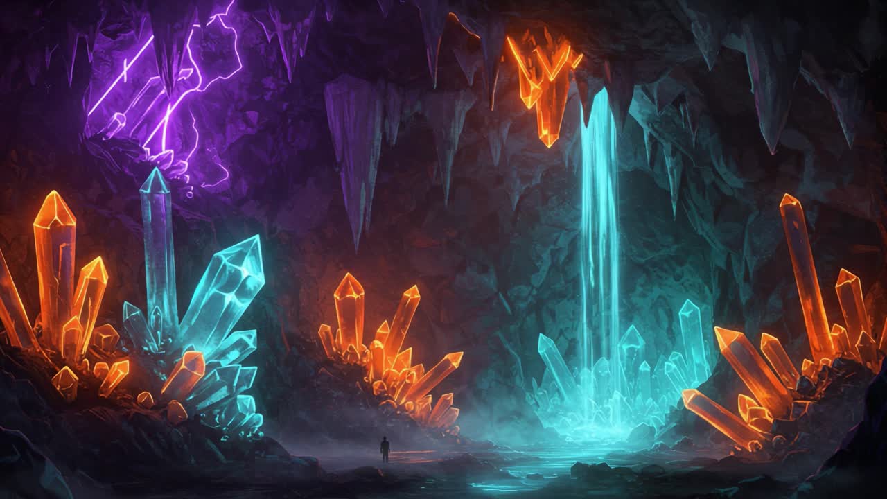 A Stunning Journey Through an Enchanted Crystal Cave with Vibrant Colors, Shimmering Light Reflections, and Spectacular Waterfall Creating a Mystical Atmosphere